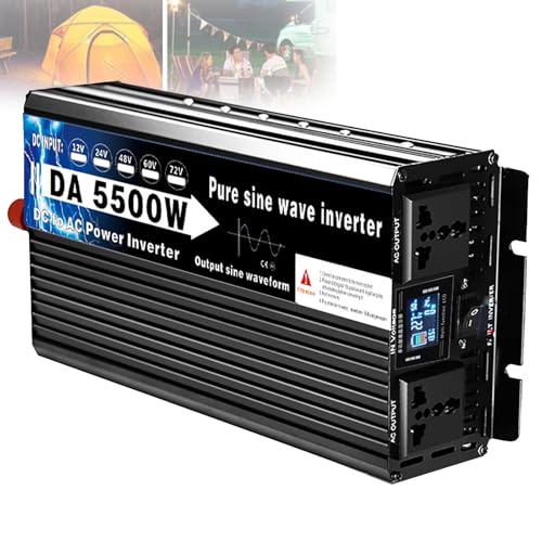 WhFKLca Reiner Sinus-Wechselrichter (Spitzenleistung: 4000 W/5500 W/6000 W), DC 12 V 24 V 48 V 60 V 72 V auf AC 220 V, Doppelsteckdose + Digitales LCD-Display, Mehrere Schutzfunktionen,5500W-60V von WhFKLca