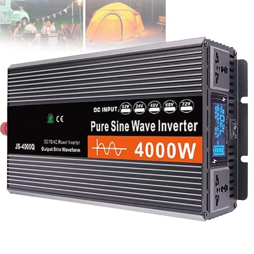 WhFKLca Reiner Sinus-Wechselrichter (Spitzenwert: 4000 W/5000 W/6000 W), DC 12 V 24 V 48 V 60 V zu AC 220 V, Doppellüfter + Doppelsteckdose + LCD-Display, Mehrfachschutz,4000W-12V von WhFKLca
