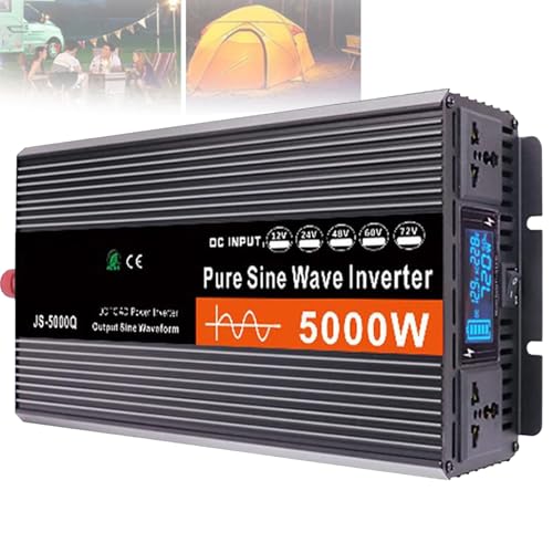 WhFKLca Reiner Sinus-Wechselrichter (Spitzenwert: 4000 W/5000 W/6000 W), DC 12 V 24 V 48 V 60 V zu AC 220 V, Doppellüfter + Doppelsteckdose + LCD-Display, Mehrfachschutz,5000W-60V von WhFKLca