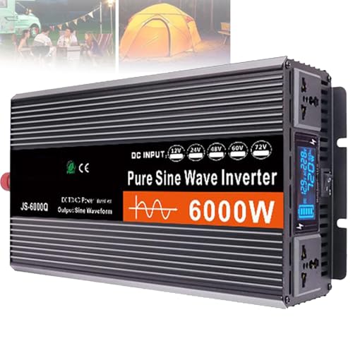 WhFKLca Reiner Sinus-Wechselrichter (Spitzenwert: 4000 W/5000 W/6000 W), DC 12 V 24 V 48 V 60 V zu AC 220 V, Doppellüfter + Doppelsteckdose + LCD-Display, Mehrfachschutz,6000W-24V von WhFKLca