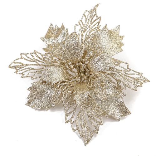 Whakano 10 Stück Weihnachten Glitzer Weihnachtsstern Blumen mit Clips,Poinsettia Weihnachtsblume Glitzernde für Weihnachtsbaum Dekorationen,Weihnachtsblumen für Weihnachts,Garten,Neujahr,Kränze,Sekt von Whakano