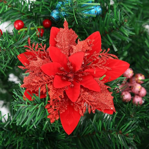 Whakano 10 Stück Weihnachten Glitzer Weihnachtsstern Weihnachtsblumen,Weihnachten Poinsettie,Weihnachtsbaum Ornamente mit Clips,Weihnachtsblumen für Weihnachts,Hochzeits,Garten,Neujahr,Rot von Whakano