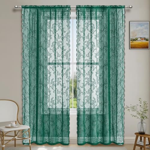 Whakano 2 Stück Spitze Vorhänge Dekorative Gardinen,Blumen Muster Gardinen Transluzente Verdunklung Gardinen für Küche Wohnzimmer Luftig Dekoschal für Schlafzimmer,Heimdekoration,Grün,W100xL250cm von Whakano