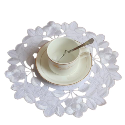 Whakano 4 Stück Retro Spitze Tischsets,Boho Dekor Makramee Untersetzer,Bestickt Blume Runde Deckchen Untersetzer Vase Matte,zum Küche Wohnzimmer Dekoratio,für Hotels,Büros,Cafés,Restaurants,25cm,Weiß von Whakano