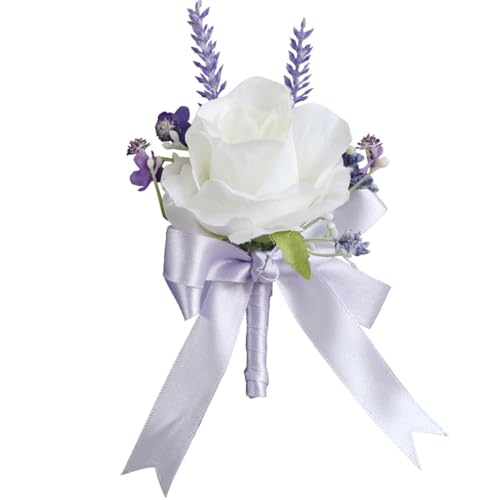 Whakano Elegante Künstliche Blume Rosen Boutonniere Hochzeit Weiß Lila,Schleifenband Ansteckblume Dekor,Prom Corsage,Hochzeitsanstecker für Braut Brautjungfer Gäste Herren Damen Party von Whakano