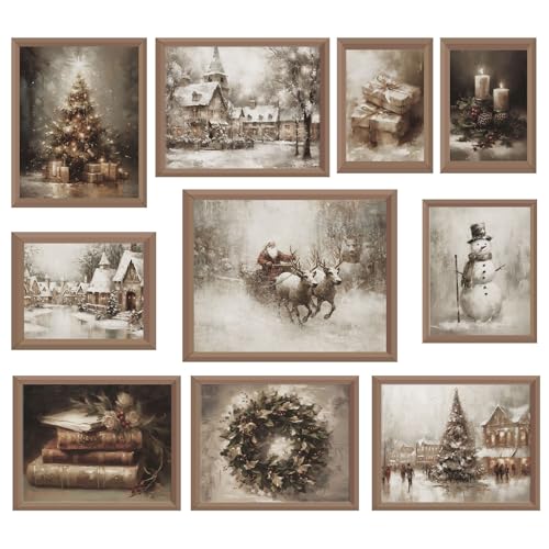 Whaline 10 Stück Weihnachten Vintage Wandkunstdrucke Retro Weihnachtsbaum Weihnachtsmann Schneemann Papier Poster Winter Rustikale Bilddekoration für Party Galerie Wohnzimmer Büro ungerahmt von Whaline