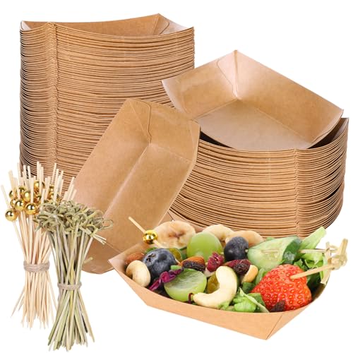 Whaline 100 Stück Einweg-Kraftpapier-Tabletts für Lebensmittel, kleine Charcuterie-Tabletts mit Stäbchen, Mini-zum Mitnehmen von Lebensmitteln, Booten für Hochzeit, Party, Snacks, Pommes Frites, von Whaline