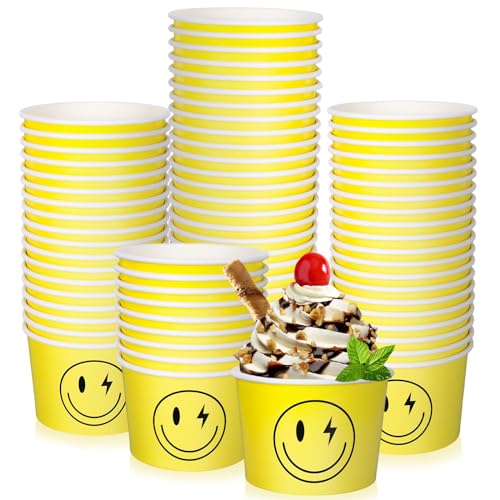 Whaline 100 Stück One Happy Dude Party Favor Snackschale 237 ml Smile Face Papier Eisbecher Einweg Eisbecher Gelb Snack Pappbecher für Geburtstag Hochzeit Babyparty Lächeln Party von Whaline