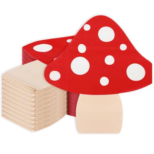 Whaline 100 Stück Pilz-Papierservietten, 2-lagig, roter Dschungelpilz, Einweg-Servietten, Waldpflanze, Dessert, Abendessen, Handserviette für Geburtstag, Babyparty, 16,5 x 14,7 cm von Whaline