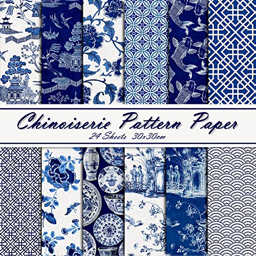 Whaline 12 Design Chinoiserie Muster Papier 24 Blatt Blau China Scrapbook Spezialpapier Beidseitig Kollektion Orientalisches dekoratives Bastelpapier für Chinoiserie Kartenherstellung Scrapbook von Whaline