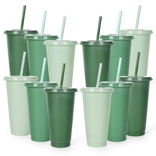 Whaline 12 Stück salbeigrüne Kunststoffbecher mit flachen Deckeln, Strohhalm, Farbverlauf, wiederverwendbar, Reisebecher, Partybecher, Dekoration für Eiskaffee, Getränke, Partyzubehör, 680 ml von Whaline