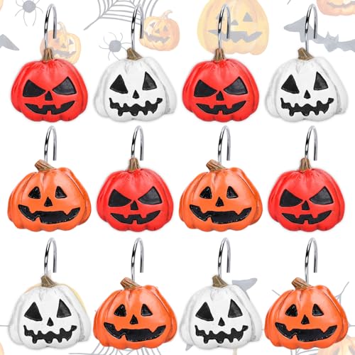 Whaline 12 x Halloween-Duschvorhanghaken, dekorative Kürbisgesicht, Duschvorhangringe, Harz, Vorhangaufhänger für Wohnzimmer, Schlafzimmer, Badezimmer, Dekor von Whaline
