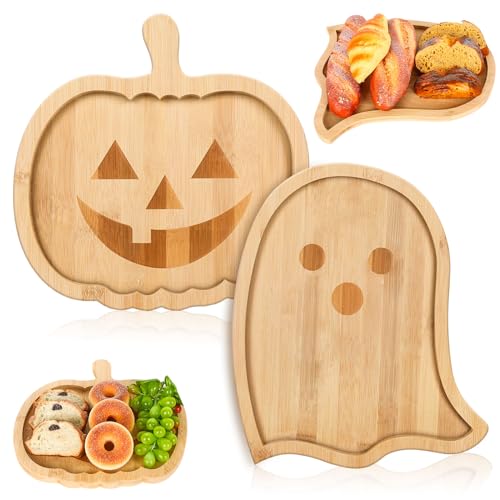 Whaline 2 Stück Halloween Charcuterie Board Kürbis Geist Serviertabletts Bambus Käseplatte Tablett Vorspeisenbretter Party Servierplatten für Zuhause Party Geschirr Supplies von Whaline