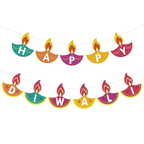 Whaline 2 Stück Happy Diwali Banner Bunte Diwali Girlande vormontiert Festival Hängende Banner Deepavali Party Dekorationen für indische Themed Diwali Party Türen Home Kamindekor Supplies von Whaline