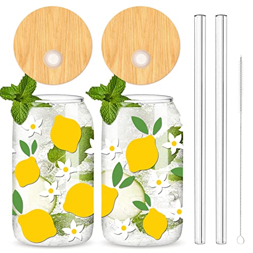 Whaline 2 Stück Sommer-Trinkgläser, 473 ml, Zitronen-Gänseblümchen-Blumen-Gläser mit Bambusdeckel, Glas-Strohhalm, Reinigungsbürsten, Sommer-Eiskaffee-Tasse für Cocktails, Bier, Soda-Geschenke von Whaline