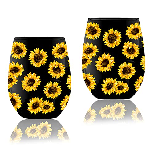 Whaline 2 Stück Sonnenblumen-Weingläser ohne Stiel, 482 ml, schwarz, gelb, Sonnenblumen-Trinkgläser, Sommerblumen-Druck, Becher, Blumen-Partybecher für Sommer, Küchendekoration, Geschenke von Whaline