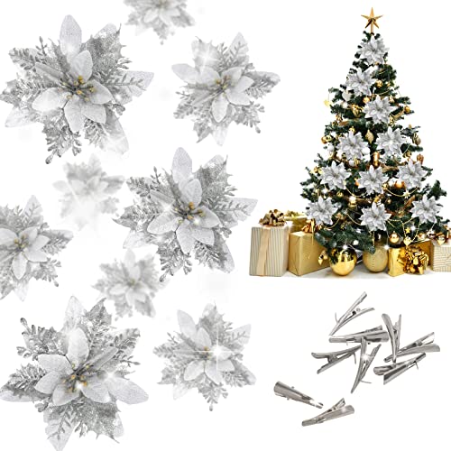 Whaline 20 Stück Weihnachtssterne mit 20 Klammern, glitzernd, silberfarben, künstliche Weihnachtsblumen, Weihnachtsbaumschmuck für Winter, Weihnachten, Hochzeit, Party, Dekoration von Whaline