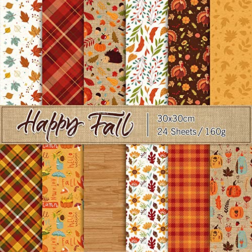 Whaline 24 Stück Herbstmuster Papier 30 x 30 cm bunte Herbstblätter Kürbis Plaid doppelseitiges Scrapbook Spezialpapier für DIY dekorative Hintergrund Karten Herstellung Fotoalbum Junk Journal von Whaline