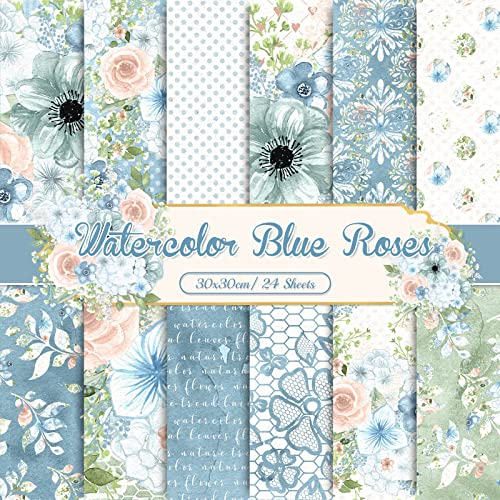 Whaline 24 Stück blaues Blumenmuster Papier 30 x 30 cm Aquarell Blume doppelseitiges Scrapbook Papier blaues Bastelpapier für DIY dekorative Hintergrund Kartenherstellung Fotoalbum Junk Journal von Whaline