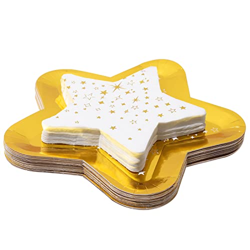 Whaline 24 Stück sternförmige Teller und 24 Stück Sternservietten Gold Weiß Papiergeschirr Wasserdicht Einweg-Geschirrset für Babyparty Geburtstag Party Supplies Vorspeisen Obst Dessert Dekoration von Whaline