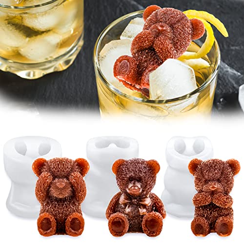 Whaline 3 Stück 3D Teddybär Eiswürfel Form Silikon Süße Bärenform Seife Kerze Form Eiswürfel für Kaffee Milch Tee Süßigkeiten Gummi Fondant Kuchen Backen Cupcake Topper Dekoration von Whaline