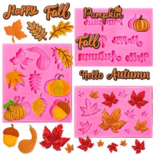 Whaline 3 Stück Herbst-Fondant-Formen Herbst Kürbis Ahornblätter Silikonformen Gießformen Hello Fall Süßigkeiten Harz Schokolade Backform für Herbst Ernte Cupcake Kuchen Topper Dekoration Seife Gelee von Whaline