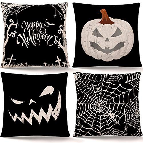 Whaline 4 Stück Happy Halloween Kissenbezug Kürbis Spinnennetz Kissenbezug Schwarz Leinen Kissenbezug Kissenbezüge für Zuhause Büro Halloween Schlafsofa Dekoration (46 x 46 cm) von Whaline