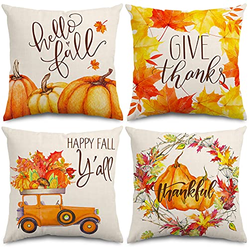 Whaline 4 Stück Hello Fall Kissenbezüge Kürbis Ahorn Blätter Überwurf Kissenbezug Leinen Thanksgiving Kissenbezüge Herbst Kissenbezüge für Home Office Schlafzimmer Couch Auto Dekoration 45,7 x 45,7 cm von Whaline