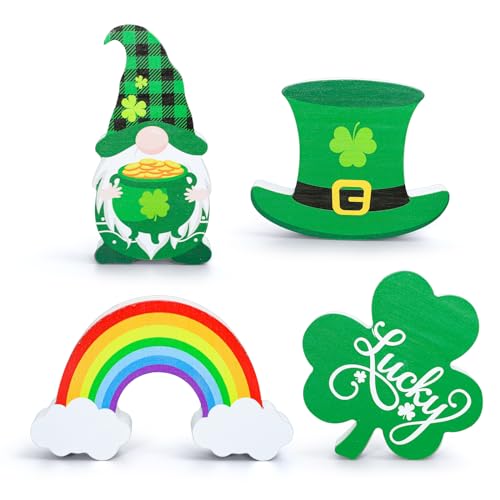 Whaline 4 Stück St. Patrick's Day Holzschild Kleeblatt Hut Zwerg Regenbogen Tischdekoration Glücksklee Form Tischdekoration Irischer Urlaub Klassische Tischdekoration für Zuhause Kamin Etagere von Whaline