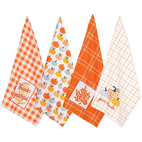 Whaline 4 Stück Thanksgiving Küchenhandtuch Herbst Ernte Geschirrtuch Super saugfähig Kürbis Ahornblatt Plaid Große Größe Tuch Handtuch für Urlaub Küche Coking Backen 45,7 x 71,1 cm von Whaline