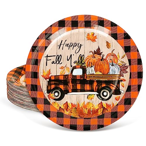 Whaline 40 Stück Herbst-Pappteller 22,9 cm Orange Schwarz Büffel Plaid Einweg-Pappteller Kürbis Truck Happy Fall Y'all Druckplatten für Thanksgiving Party Herbst Urlaub Abendessen Geschirr Zubehör von Whaline