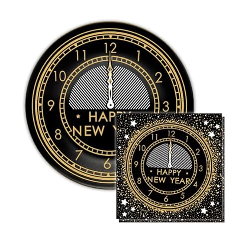 Whaline 48-teiliges Geschirr-Set "Happy New Year" schwarz gold Uhr Einweg-Geschirr Teller und Servietten für 24 Gäste Silvester Weihnachten Party Dekoration Whaline 48-teiliges Geschirr-Set "Happy New Year" schwarz gold Uhr Einweg-Geschirr Teller und Servietten für 24 Gäste Silvester Weihnachten Party Dekoration von Whaline