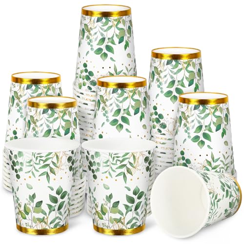 Whaline 50 Stück Eukalyptusbecher, grüne Pappbecher, 266 ml, Einweg-Kaffee-Pappbecher, Trinkbecher für Party, Waldwesen, Thema, kalte Heißgetränke, Geburtstag, Hochzeit, Braut, Dusche, Partyzubehör von Whaline