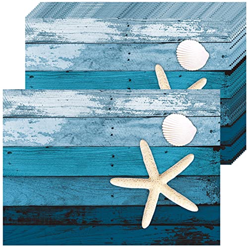 Whaline 50 Stück Meer Papier Platzsets Platzdeckchen Blau Seestern Muschel Einweg-Tischsets Saisonale Sommer Ozean Dekorative Papiertischsets für Ozean Meer Muschel Küste Tischmatte Dinner Party Dekor von Whaline