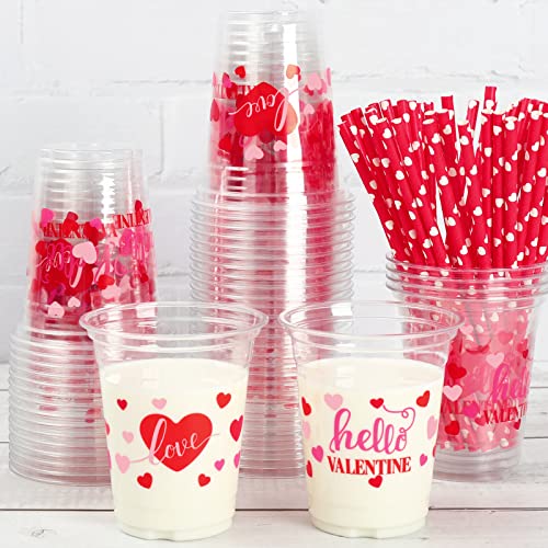 Whaline 50 Stück Valentinstag Einwegbecher mit HerzStrohhalm 340 ml Valentinstag Kunststoff Partybecher Love Heart Hello Valentine Becher für Kaffee Saft Heiße Kalte Getränke Valentinstag Party von Whaline