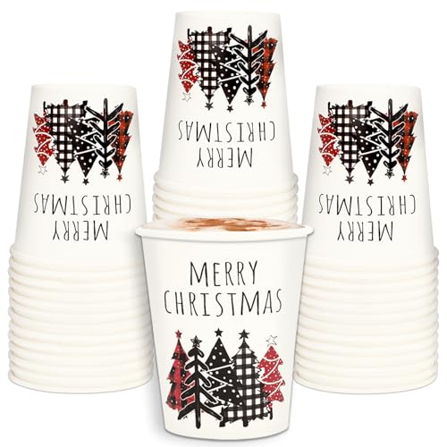 Whaline 50 Stück Weihnachts-Einwegbecher, rot und schwarz, Büffelkariert, Weihnachtsbaum, Pappbecher, rustikal, Winterurlaub, Partyzubehör für Saft, Kaffee, heiße kalte Getränke, 266 ml von Whaline