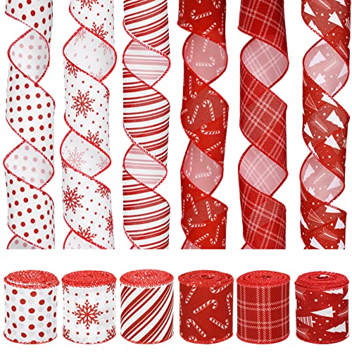 Whaline 6 Rollen 36 Meter Weihnachtsband Rot Weiß Muster Drahtkante Band Weihnachten Juteband Dekoratives Bastelband für Xmas Winter Dekor Verpackung Dekor Haarschleife Nähen Kranz Basteln Geschenk von Whaline