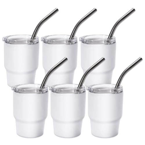 Whaline 6 x Sublimations-Trinkgläser, Mini-Schnapsgläser, 57 ml, weiße Schnapsgläser mit Strohhalmen, Edelstahl, Partybecher für Zuhause, Bar, Tee, Kaffee, Cocktails, Getränke, Geschenkzubehör von Whaline