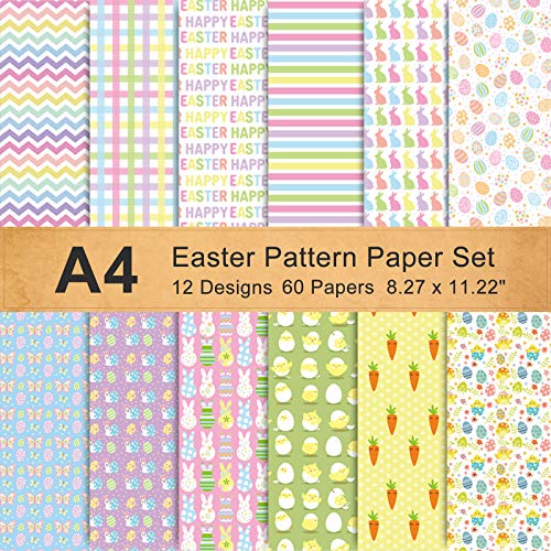 Whaline 60 Blatt doppelseitiges Ostern Muster Papier Origami Papier Pattern Papier Osterhase Kaninchen Ei Bastelpapier Dekorpapier für Kartengestaltung Scrapbook Geschenk Deko (A4 Größe 12 Muster) von Whaline