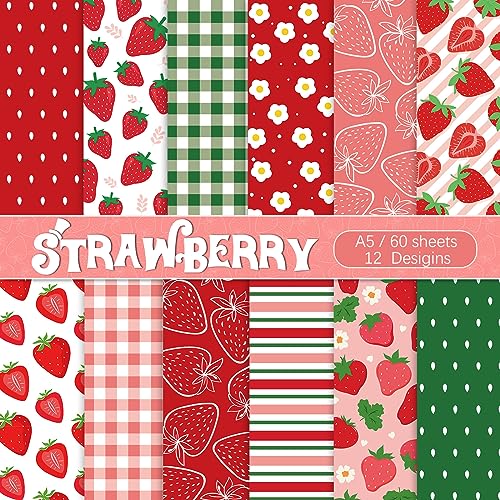 Whaline Erdbeer-Scrapbook-Papier – Erdbeerblumen-Plaid-Muster – Süßes Rot, Rosa, Grün – doppelseitiges A5-Papier – für Zuhause, Schule, Büro, DIY Kartenherstellung, Scrapbook, Fotoalbum, Dekoration von Whaline