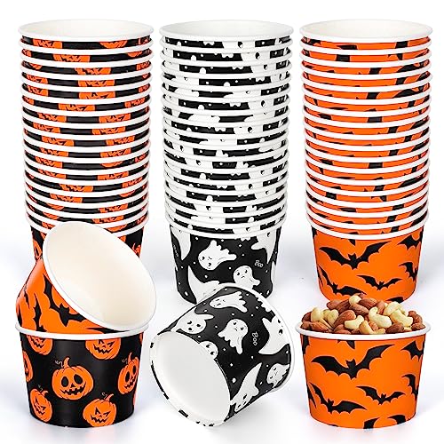 Whaline 60 Stück Halloween Leckerli-Snackbecher Grimasse, Kürbis, Geist, Fledermaus-Muster, Einweg-Papierschalen, 266 ml, orange-schwarz, Pappbecher, Dessert, Gastgeschenk, 3 Stile von Whaline