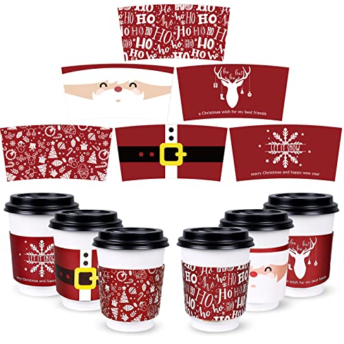 Whaline 60 Stück Weihnachts-Kaffeetassen-Hüllen für Teetassen, rote Weihnachts-Papierhüllen für 30 und 473 ml Papierbecher, Weihnachtsmann, Rentier, Schneeflocke, Einwegbecher, Kakao, kaltes Getränk von Whaline