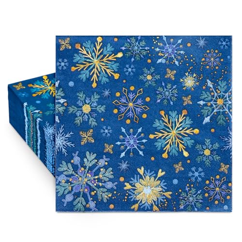 Whaline 80 Stück Weihnachtspapierservietten Winter Schneeflocke Einweg-Servietten Blau Gold Xmas Mittagessen Abendessen Servietten für Partyzubehör Tischdekoration, 16,5 x 16,5 cm von Whaline