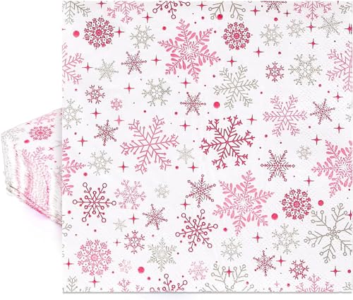 Whaline 80 Stück rosa Papierservietten Winter Schneeflocke Einweg-Servietten rosa silber Mittagessen Abendessen Servietten für Babyparty, Partyzubehör, Tischdekoration, 16,5 x 16,5 cm, W10524 von Whaline