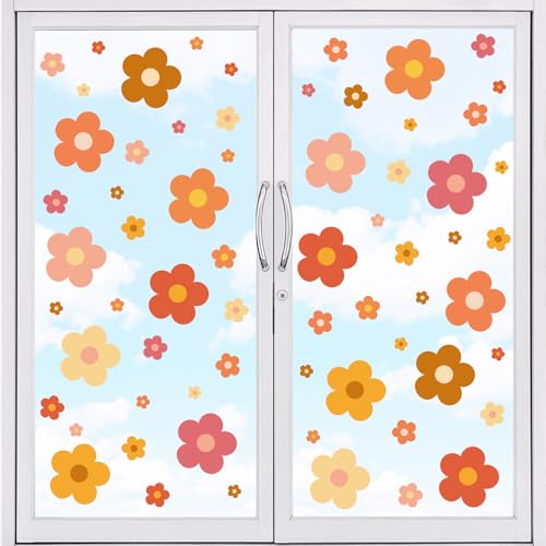 Whaline 9 Blatt Groovy Retro Hippie Blumen Fensteraufkleber Boho doppelseitig bunte Blumen Fensteraufkleber adretten trendigen Hippie Anti-Kollision Fensteraufkleber von Whaline