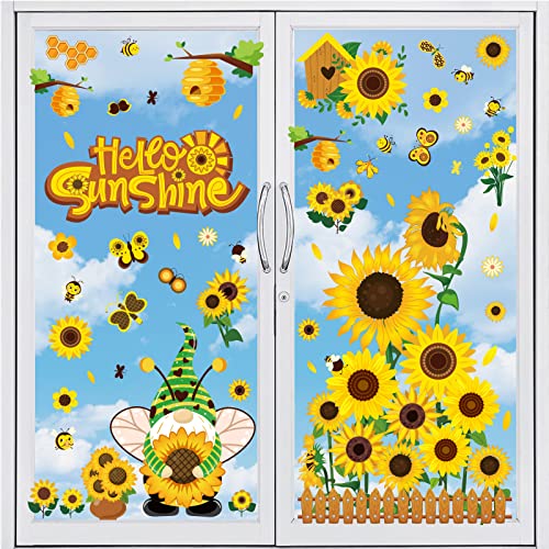 Whaline 9 Blatt Sonnenblumen-Fensteraufkleber Hello Sunshine Blumen Bienenzwerg große doppelseitige Fensteraufkleber für Frühling Sommer Schule Zuhause Büro Zubehör Party Supplies Geschenke von Whaline