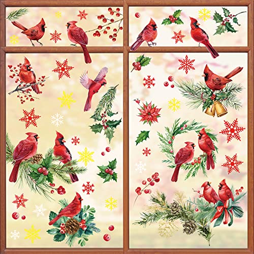 Whaline 9 Blatt Weihnachts-Kardinal-Fensteraufkleber, Aquarell, Tannenzapfen, Stechpalme, Beere, Schneeflocken, Fensteraufkleber, doppelseitig, Kardinal-Fensterdekoration für Weihnachten, Winter, von Whaline