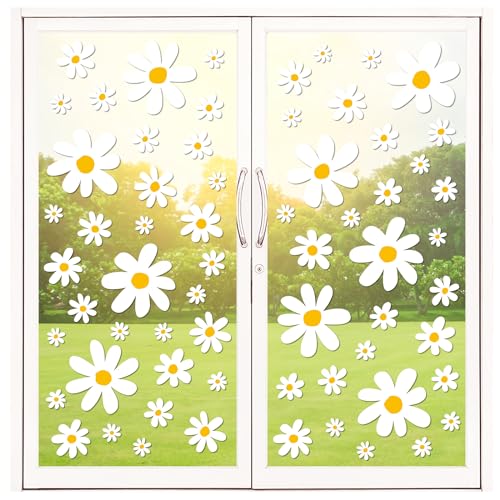 Whaline 9 Blatt niedliche Blumen-Fensteraufkleber, weiß, Boho, Gänseblümchen, Blumenmuster, wiederverwendbar, Fensteraufkleber für Sommer, Zuhause, Büro, Schule, Geschäft, Glas-Display-Dekoration von Whaline