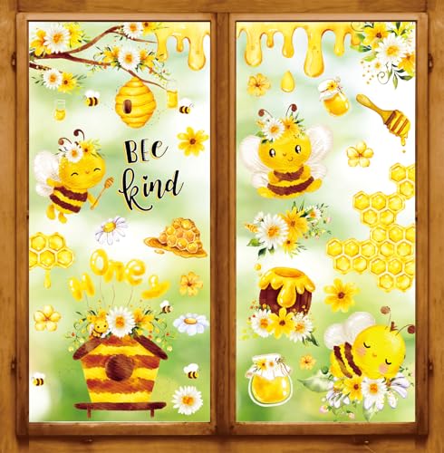 Whaline 90 Stück Bienen-Fensteraufkleber, Gänseblümchen, Honigbienen-Motiv, entfernbar, Aquarell, Frühling, Sommer, Aufkleber für Zuhause, Shop, Party, Glasdekoration, 20 x 30 cm, 9 Blatt von Whaline