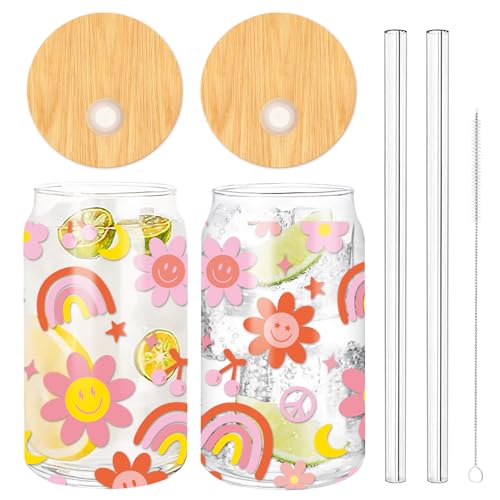 Whaline Boho-Eis-Kaffeetasse, 473 ml, Retro-Gläser mit Bambusdeckel, Glasstroh-Reinigungsbürsten, Blumen, ästhetische Trinkgläser, Bierglasdose für Cocktails, Whiskey, Bier, Limonade, Geschenke, 2 von Whaline